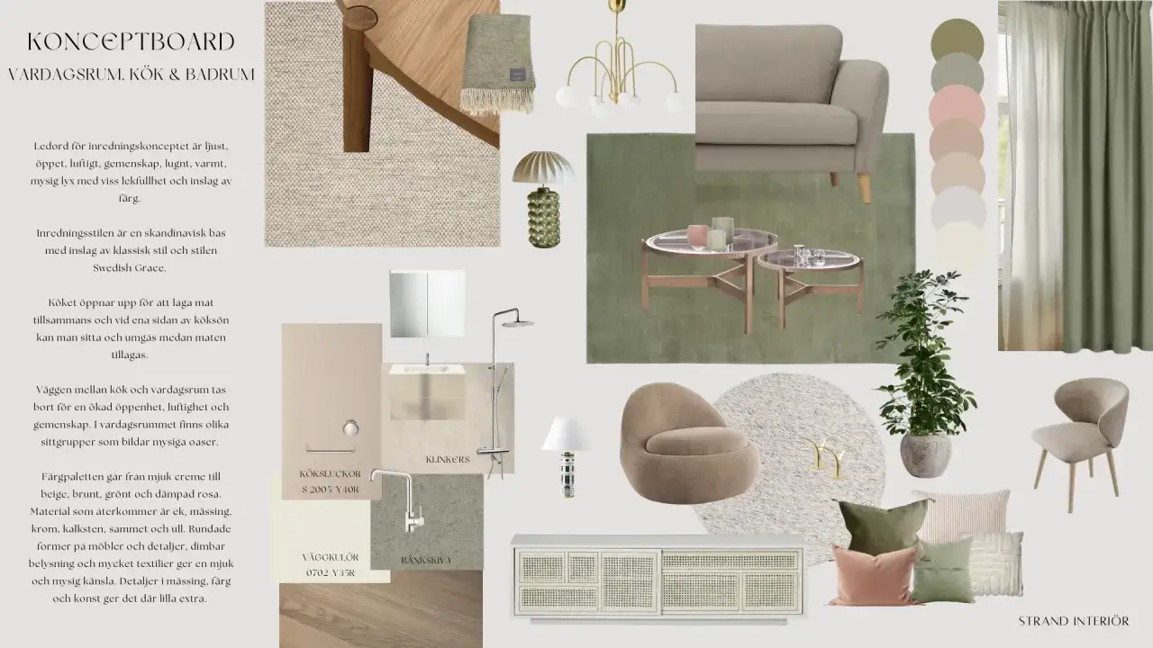 Inspirationsboard för vardagsrum, kök och badrum i skandinavisk stil med inslag av Swedish Grace. En ljus och luftig känsla med mjuka färger och textilier.