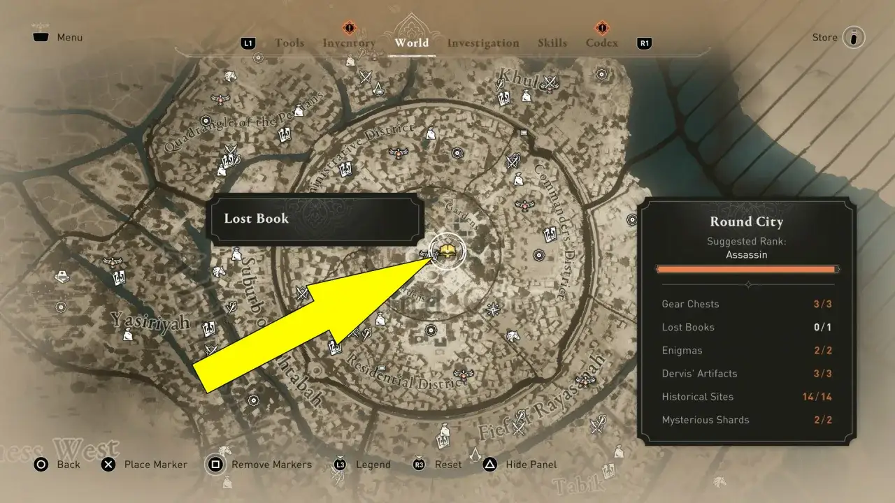 Mapa de Assassin's Creed Mirage, con un marcador de libro perdido en la Ciudad Redonda.