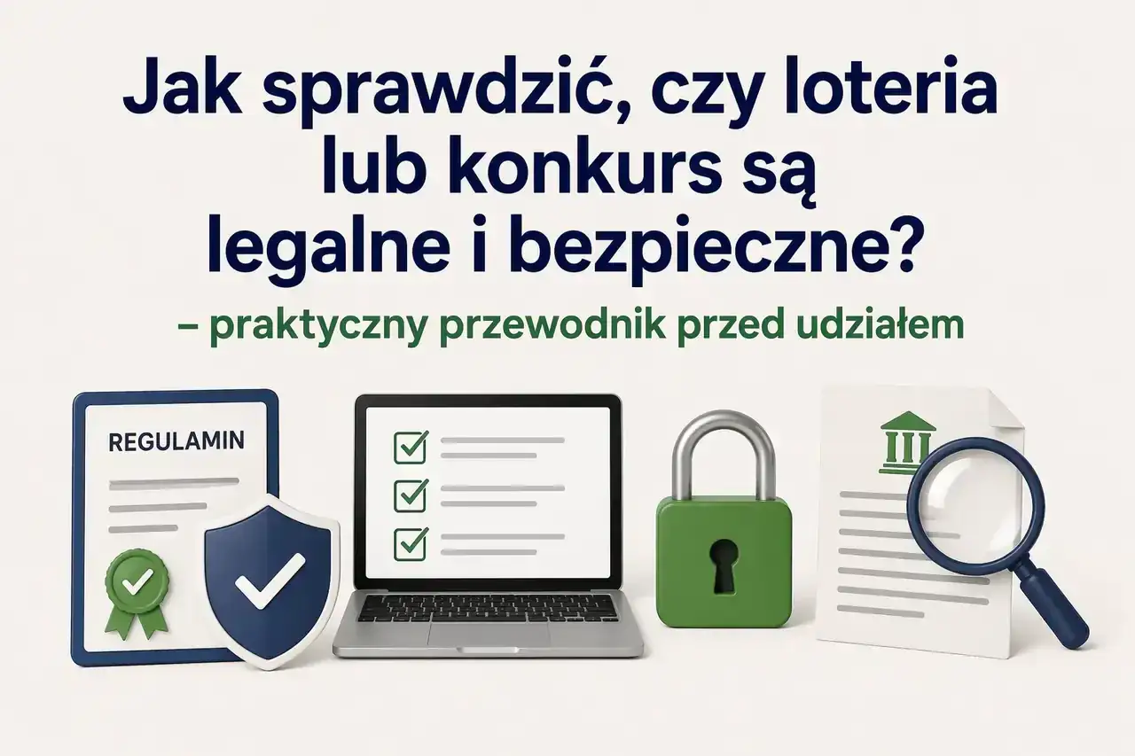 Jak sprawdzić, czy loteria lub konkurs są legalne i bezpieczne? Kluczowe różnice dla organizatorów. Ikony: regulamin, tarcza, laptop z listą, kłódka, dokument z lupą.