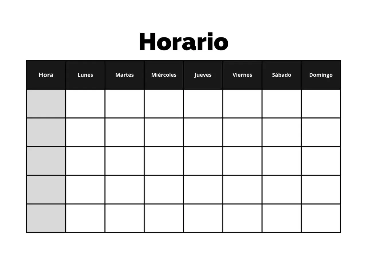 Plantilla de horario para imprimir con días de la semana y filas para horas.