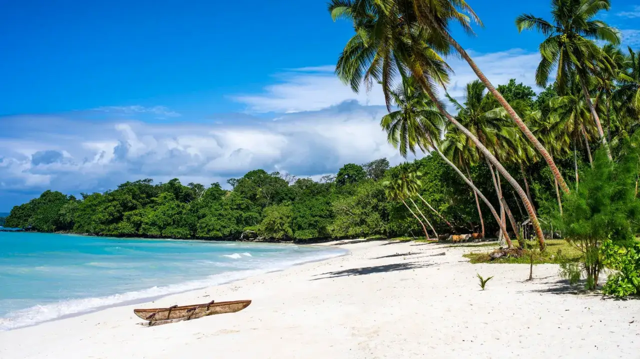 Rajska plaża z palmami i łodzią, idealne miejsce na wakacje w Vanuatu.