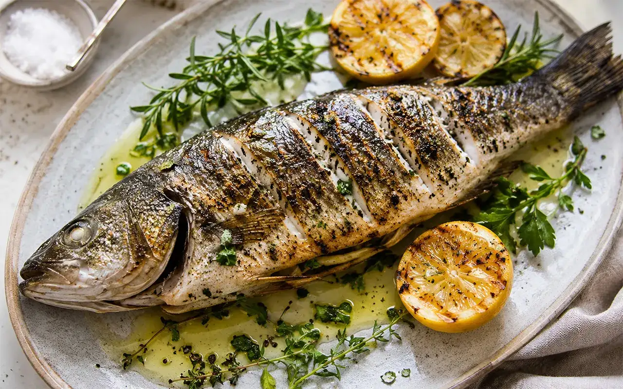 En hel grillad havsabborre serveras på en tallrik med grillade citroner, färska örter och en lätt oljesås. Perfekt för en somrig middag.