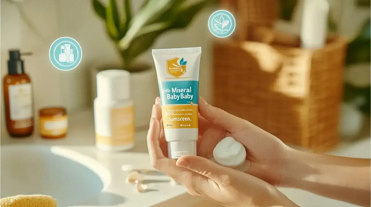 Mani che mostrano una crema solare minerale per bambini. Perfetta per proteggere la pelle delicata dei più piccoli.