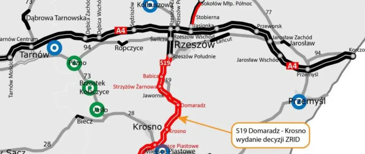 Mapa drogowa z zaznaczoną trasą S19 Domaradz-Krosno, dla której wydano decyzję ZRID. Widoczne miasta: Tarnów, Rzeszów, Krosno, Przemyśl.