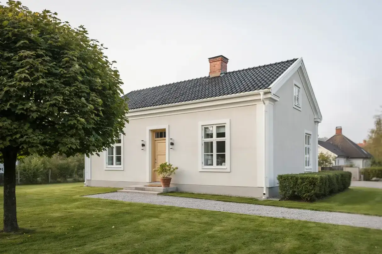 Vacker fasad hus med gul dörr, tegelpipa och grönskande träd.
