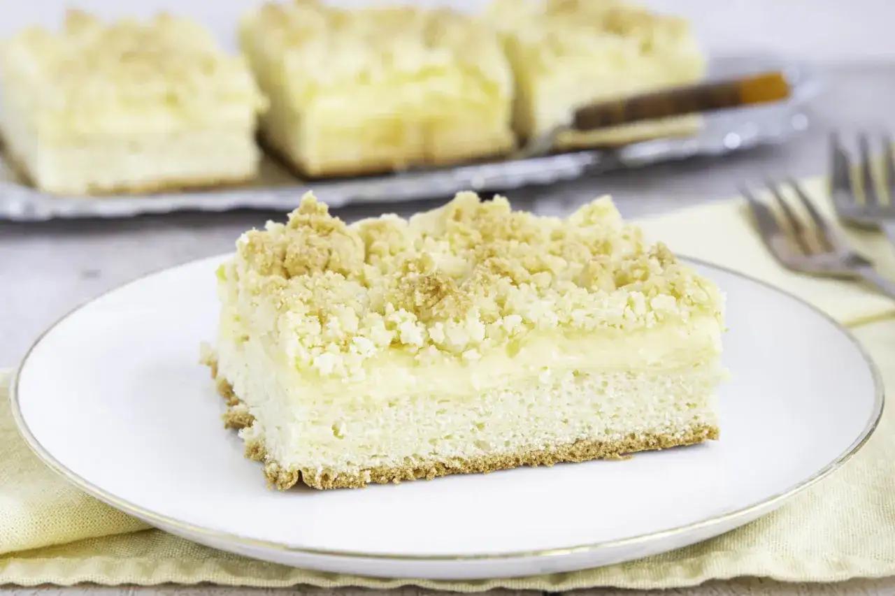 Ein Stück Streuselkuchen mit Pudding, goldbraun gebacken, mit knusprigen Streuseln und cremiger Füllung.