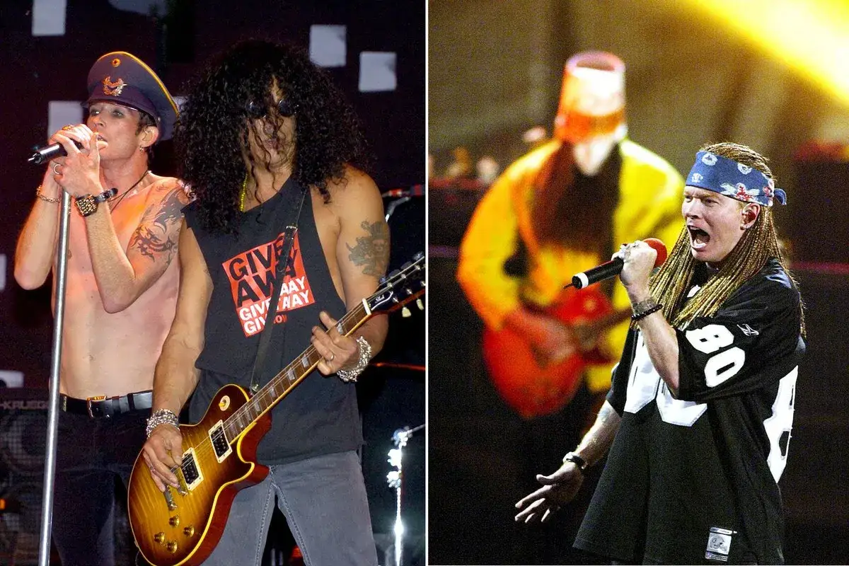 Slash, guitariste emblématique, joue sur scène. À ses côtés, un chanteur au micro. Sur la droite, Axl Rose, autre membre du groupe, chante avec passion.