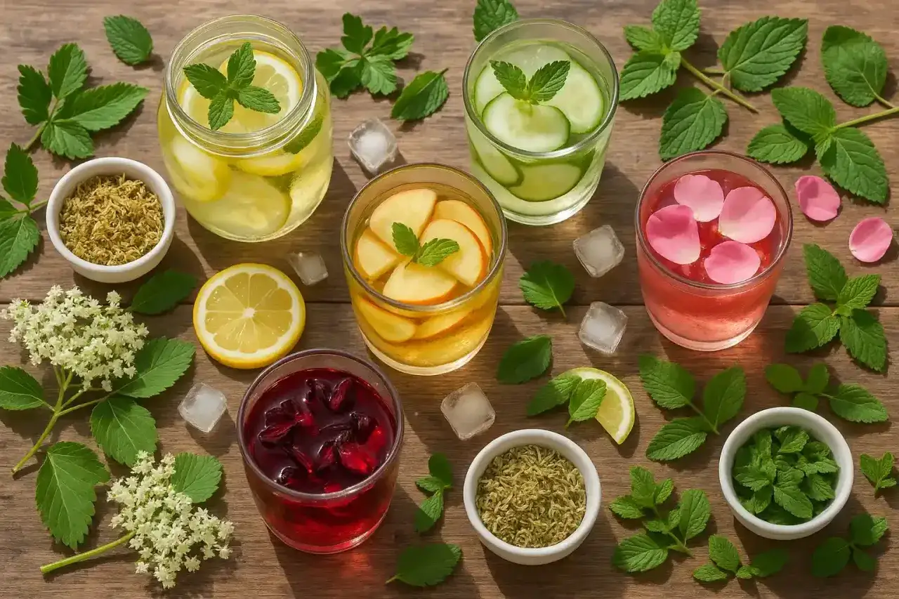 Refrescantes bebidas con limón, pepino, manzana y pétalos de rosa, ideales para recetas con hierbabuena.