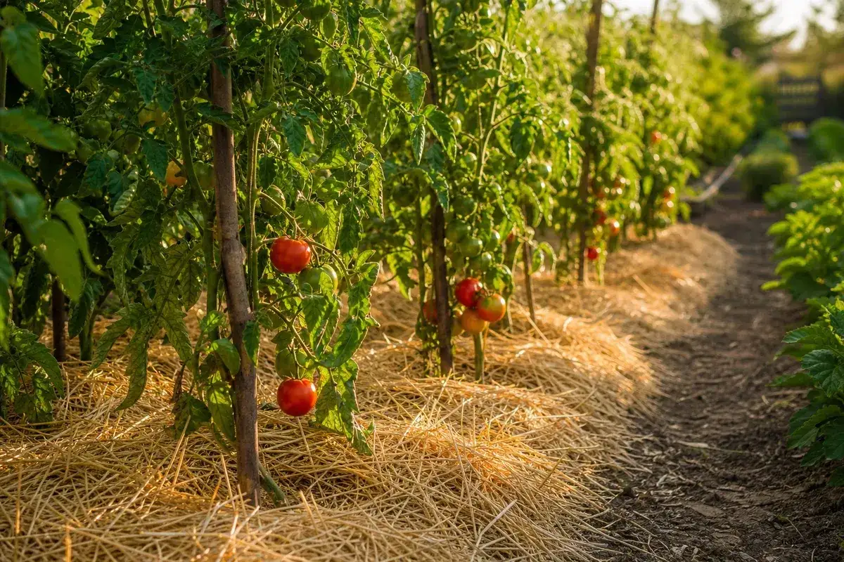 Un rang de plants de tomates mûrs, soutenus par des piquets, avec un paillis de paille au pied. L'entretien du pied de tomate est essentiel pour une belle récolte.