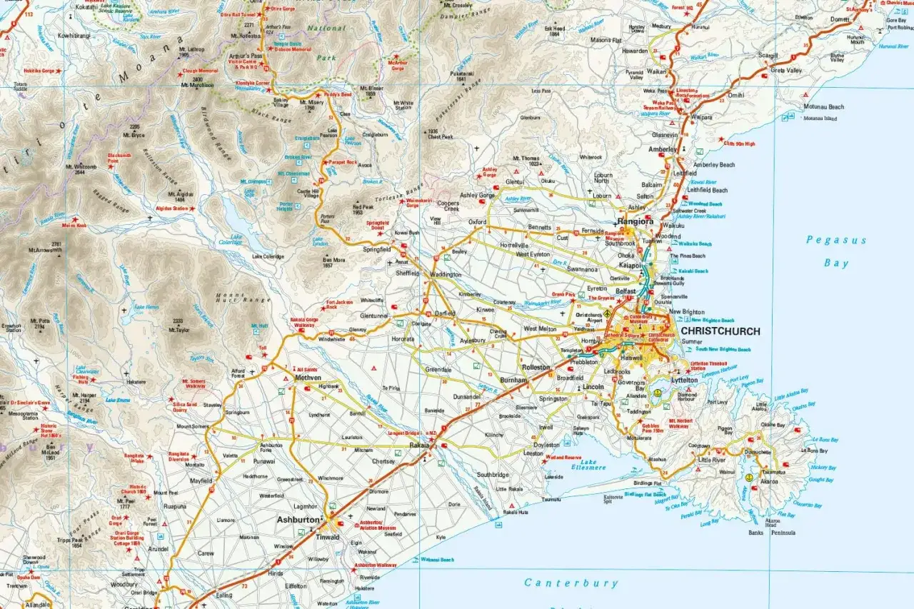 Mapa Nowej Zelandii, gdzie leży Christchurch i Pegasus Bay.