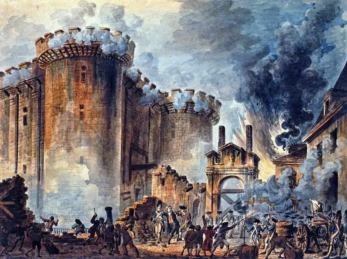Sturm auf die Bastille, ein Schl&uuml;sselereignis, das zeigt, wann war die Franz&ouml;sische Revolution. Rauch und Aufruhr kennzeichnen den Beginn einer neuen &Auml;ra.