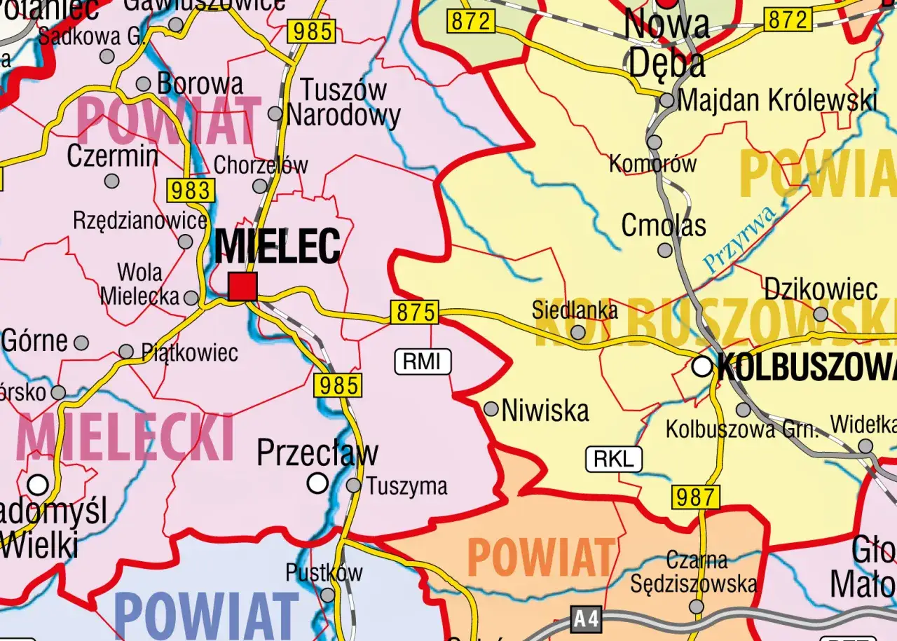 Mapa powiatu mieleckiego z zaznaczonym Mielcem. Widać drogi krajowe 983, 985, 872, 875 i autostradę A4.