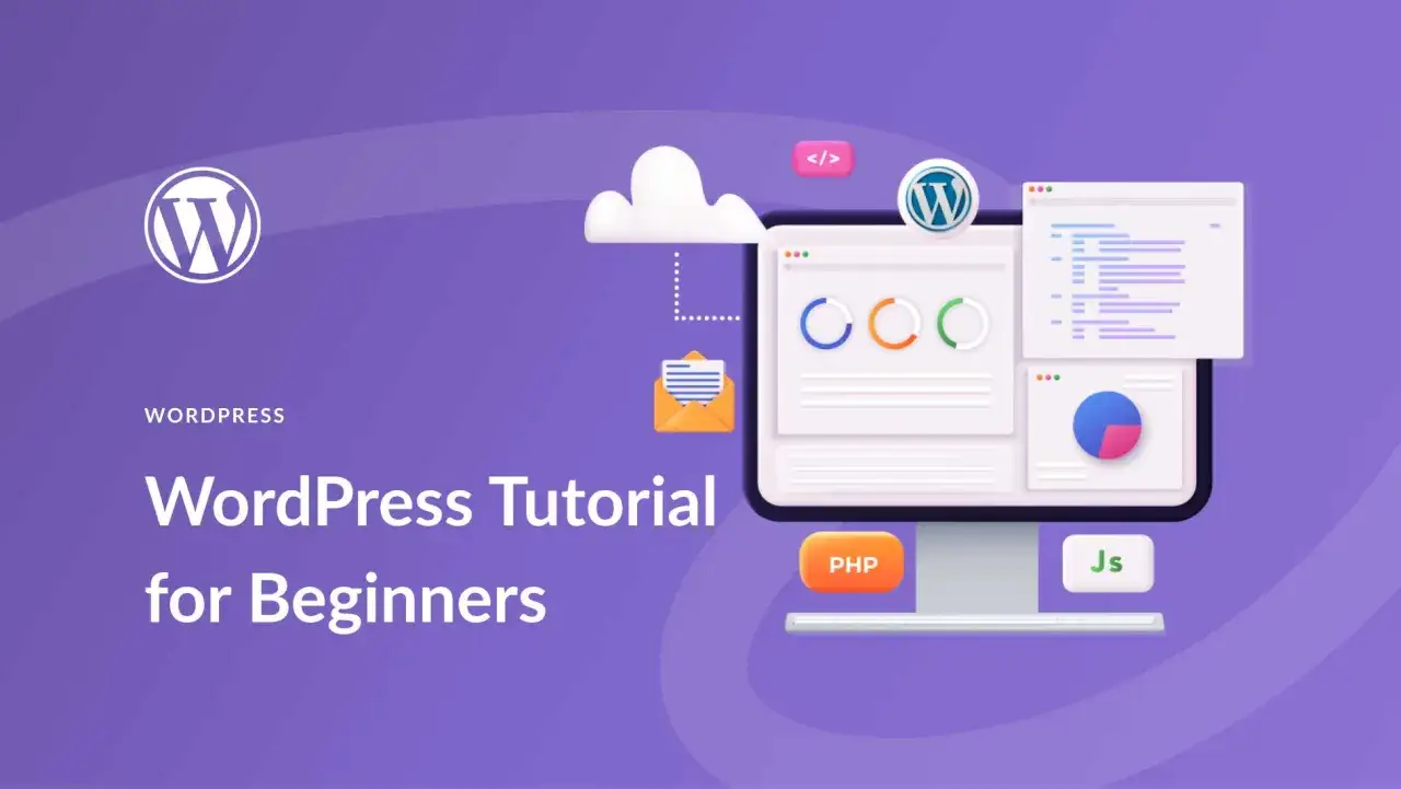 Apprenez à créer des sites web avec cette formation WordPress gratuite. Illustration d'un ordinateur affichant des graphiques et du code.