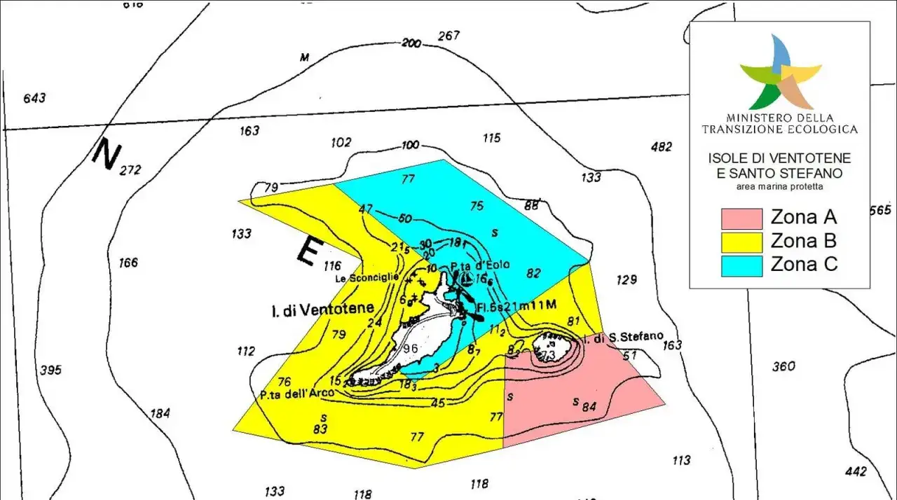 Mappa delle aree marine protette delle isole di Ventotene e Santo Stefano, con zone A, B e C delimitate.