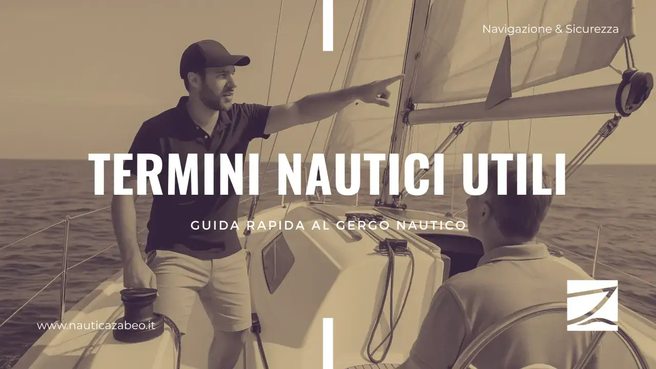 Due uomini su una barca a vela, uno indica la rotta. Immagine promozionale per il turismo nautico e la navigazione sicura.