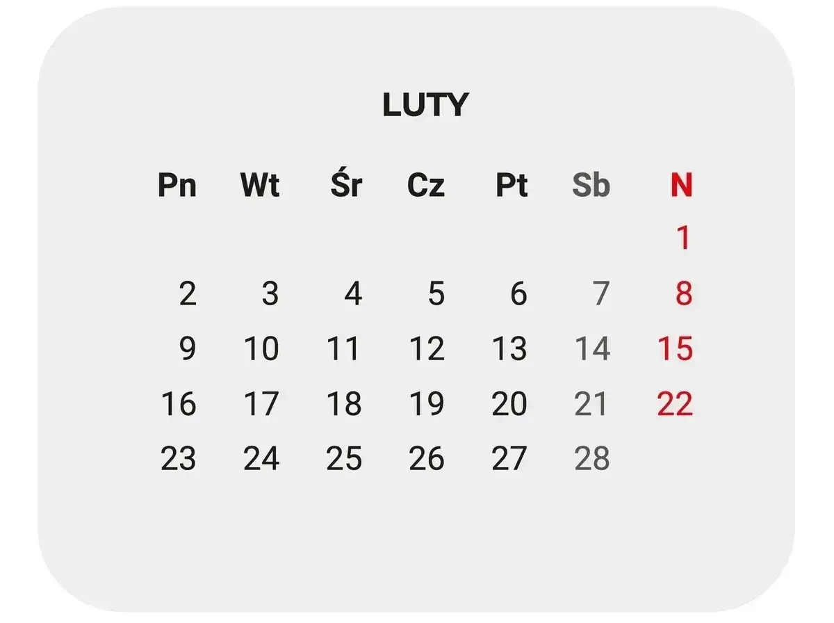 Kalendarz na luty 2026. Planowany czas pracy: 1, 8, 15, 22.