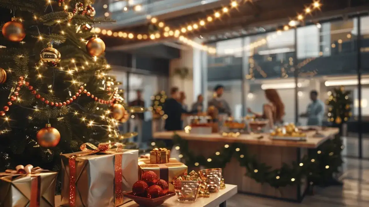 Un sapin décoré, des cadeaux emballés et des lumières scintillantes annoncent une joyeuse **soirée de Noël entreprise**.