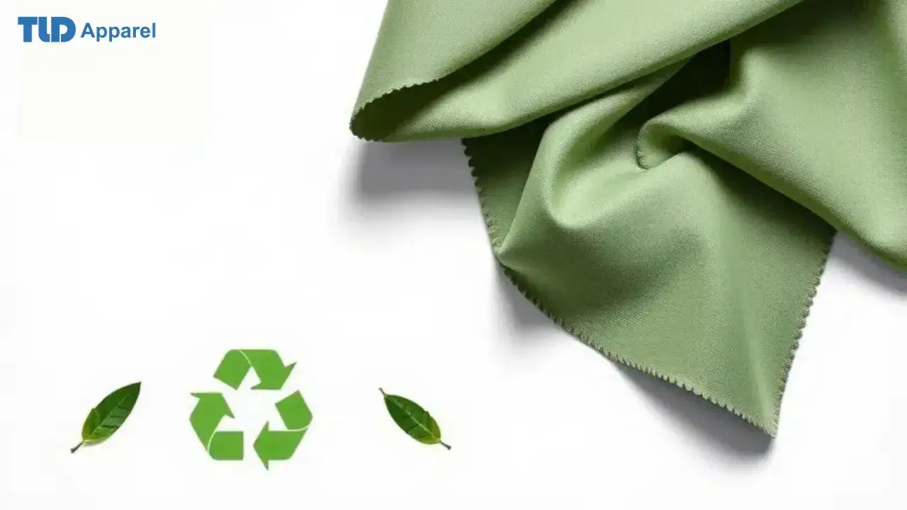 Gr&uuml;ner Stoff, Recycling-Symbol und Bl&auml;tter symbolisieren die nachhaltige Modal Herstellung.