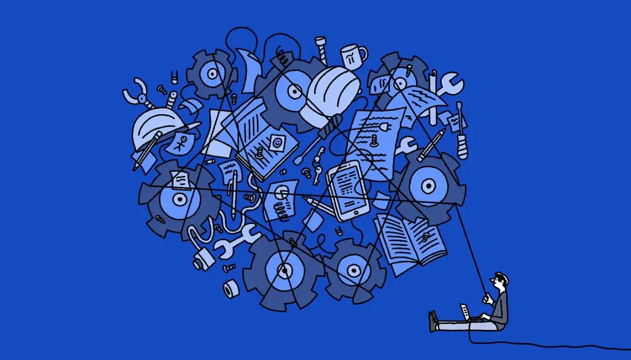 Ein Mann mit Laptop steuert ein komplexes System aus Zahnrädern, Werkzeugen und Dokumenten. Digitale Ordnung im Chaos.