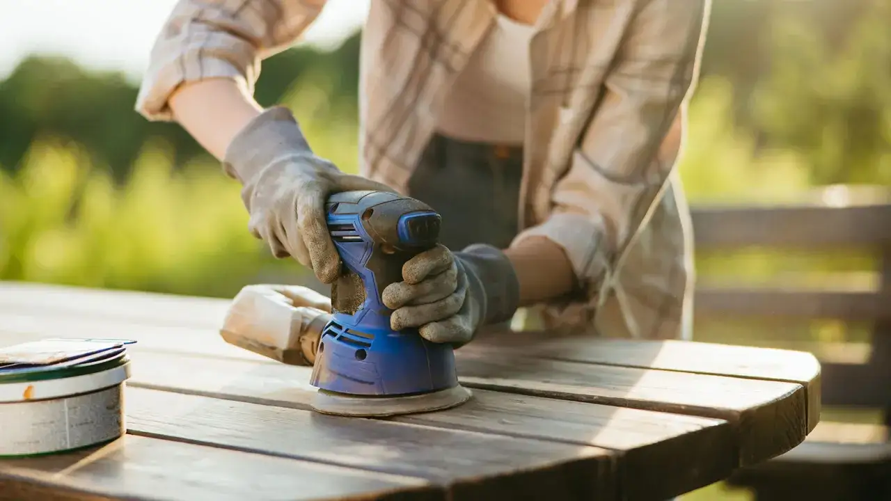 Gants aux mains pour poncer meuble bois. Un outil électrique bleu travaille sur une table en bois à l'extérieur.