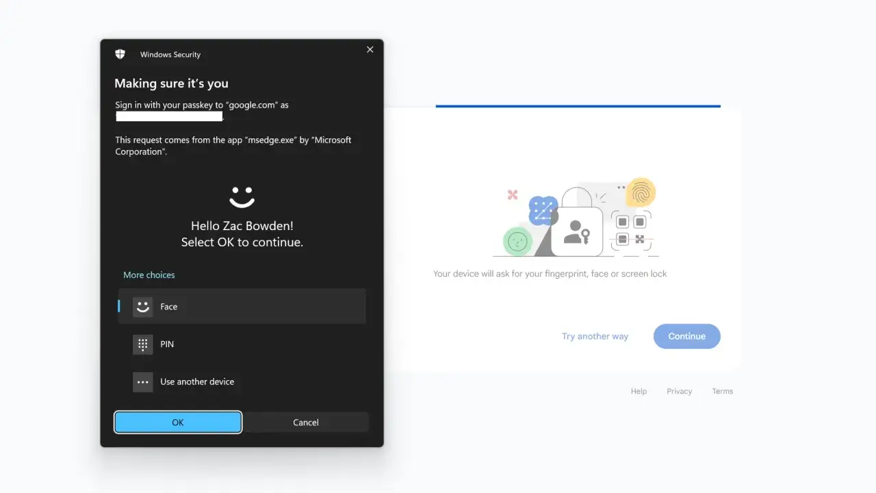 Potwierdzenie tożsamości przez Windows Hello. Zac Bowden wybiera opcję 