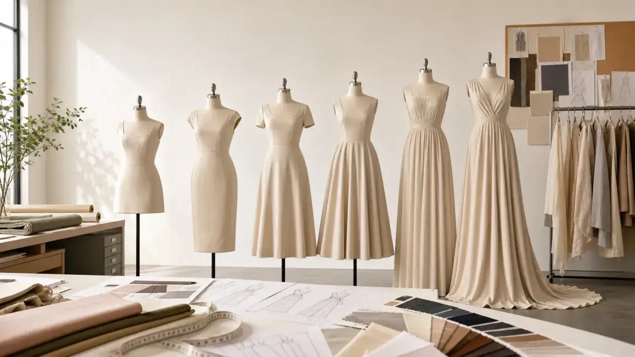 Manichini con abiti di diversa **lunghezza vestito**, da corti a lunghi con strascico, in un atelier di moda.