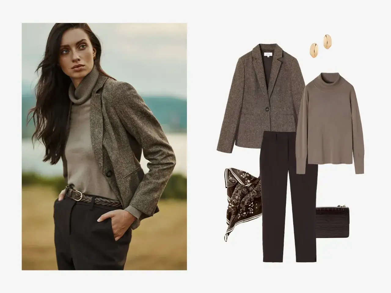 Elegancka stylizacja: jak nosić golf damski z marynarką i spodniami. Zestaw zawiera beżowy golf, brązową marynarkę, czarne spodnie, apaszkę i torebkę.