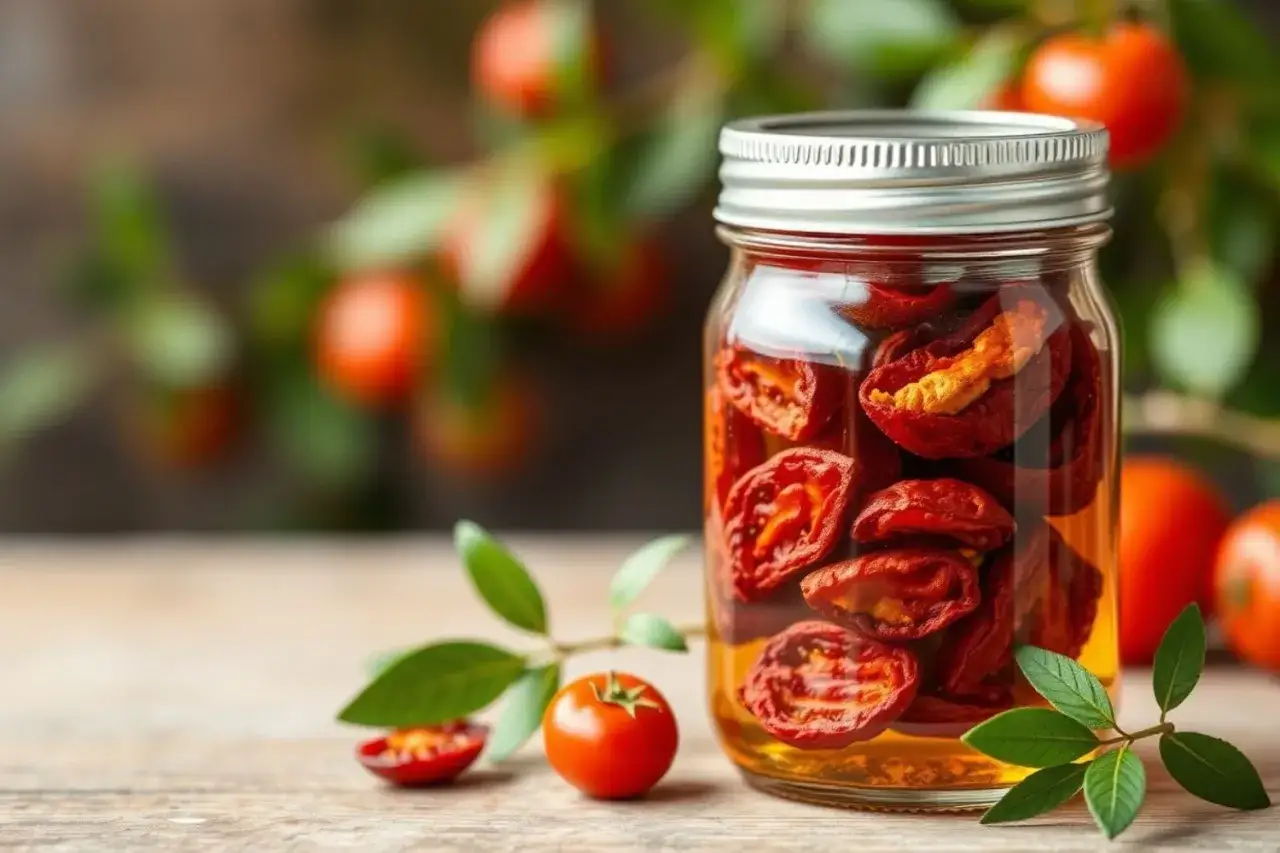 Glas mit eingelegten, sonnengetrockneten Tomaten. Frische Tomaten und grüne Blätter liegen daneben. Perfekt für die Konservierung von Tomaten trocknen.