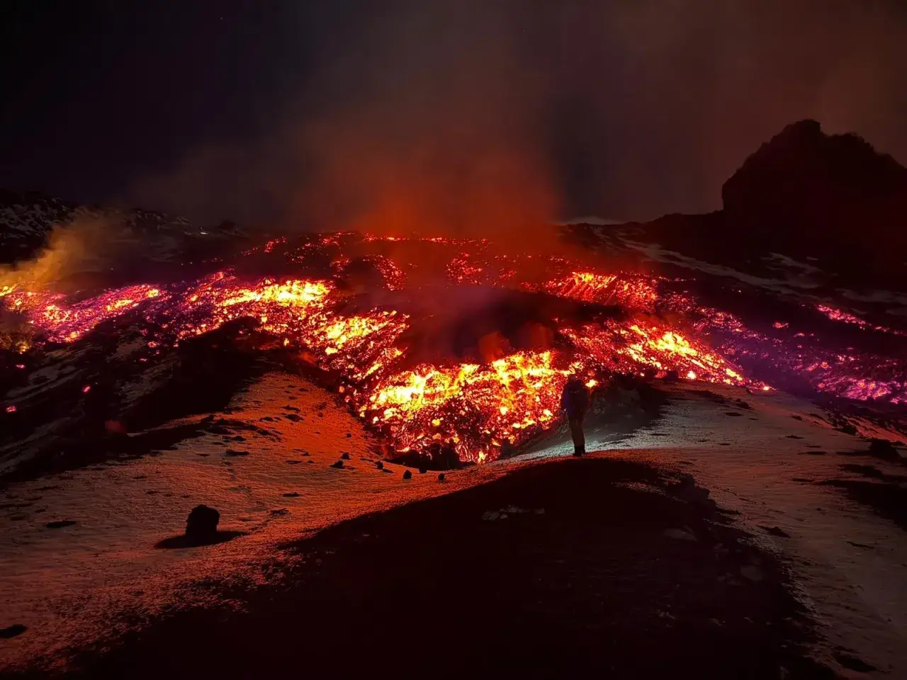 Un'emozionante avventura per visitare l'Etna in auto, con la lava incandescente che illumina la notte.