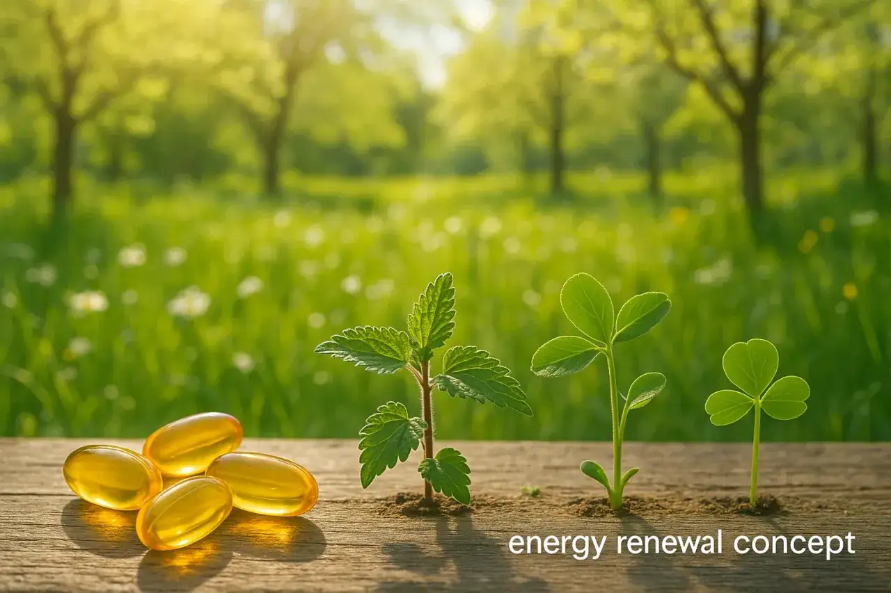 Żółte kapsułki i młode rośliny na tle zielonej łąki symbolizują energię i odnowę po przesileniu wiosennym.