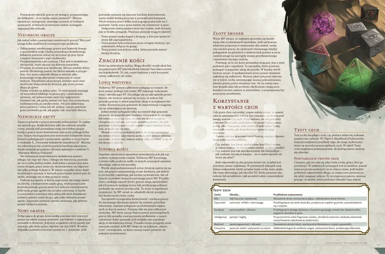 Kości do gry, w tym wielościenne, symbolizują losowość w opowieściach z Yawning Portal.
