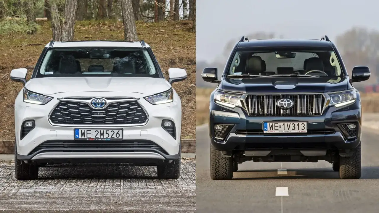 Dwa potężne toyoty jeepy: biały Highlander i ciemny Land Cruiser, gotowe na każdą drogę.