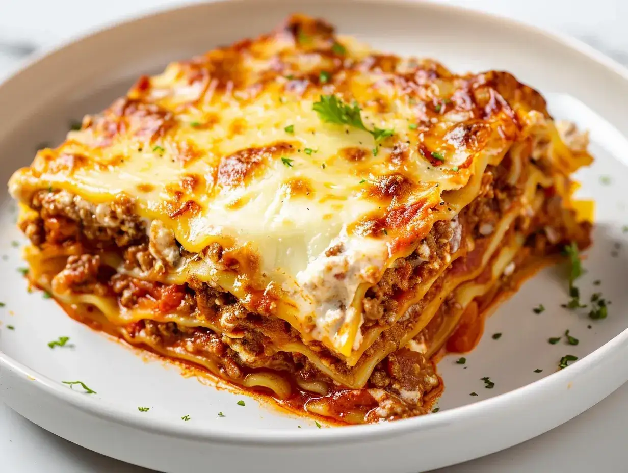 En saftig bit lasagne med lager av k&ouml;ttf&auml;rss&aring;s och kr&auml;mig bechamels&aring;s, toppad med sm&auml;lt ost och persilja.