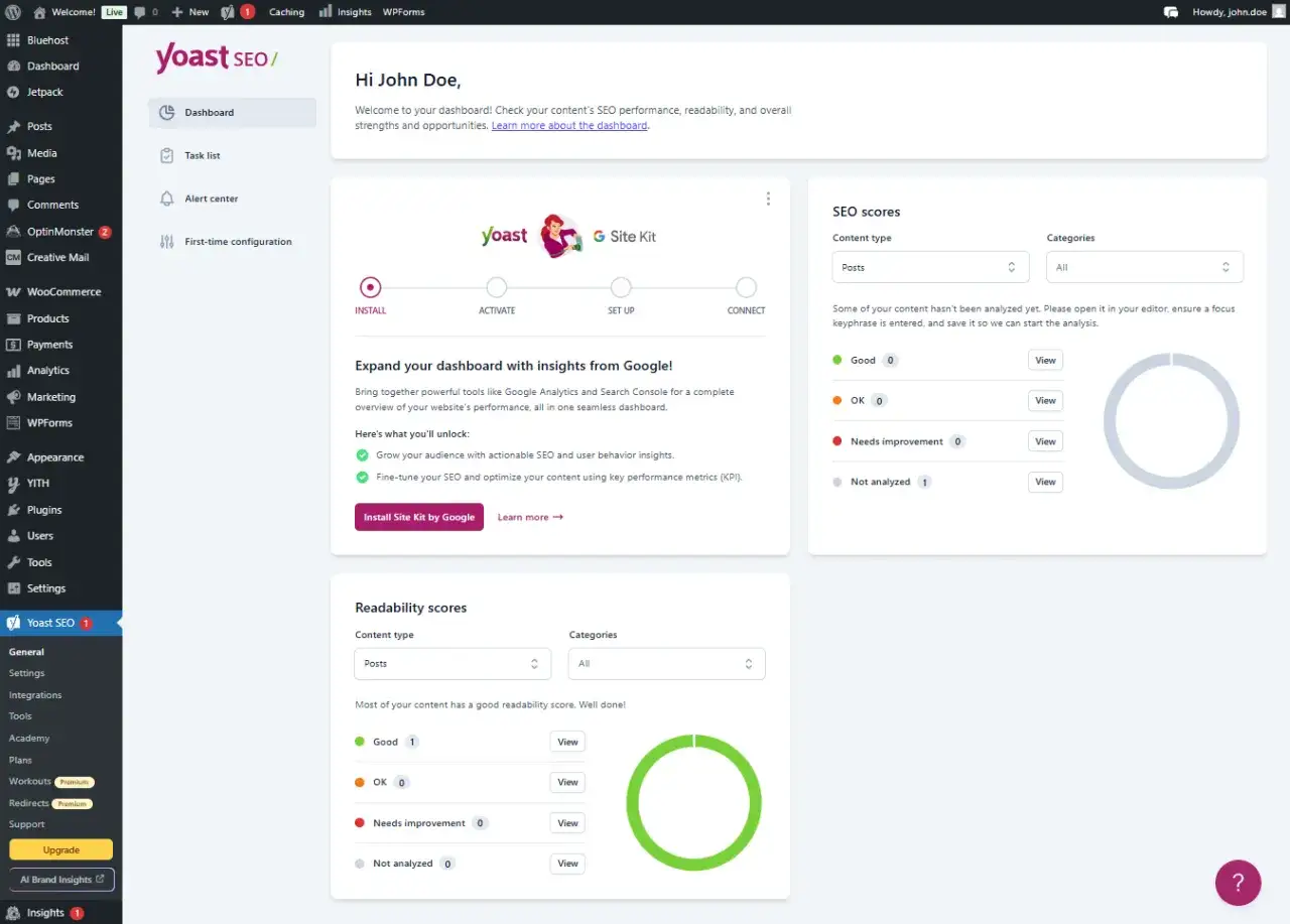 Panel Yoast SEO pokazuje wyniki analizy SEO i czytelności treści.