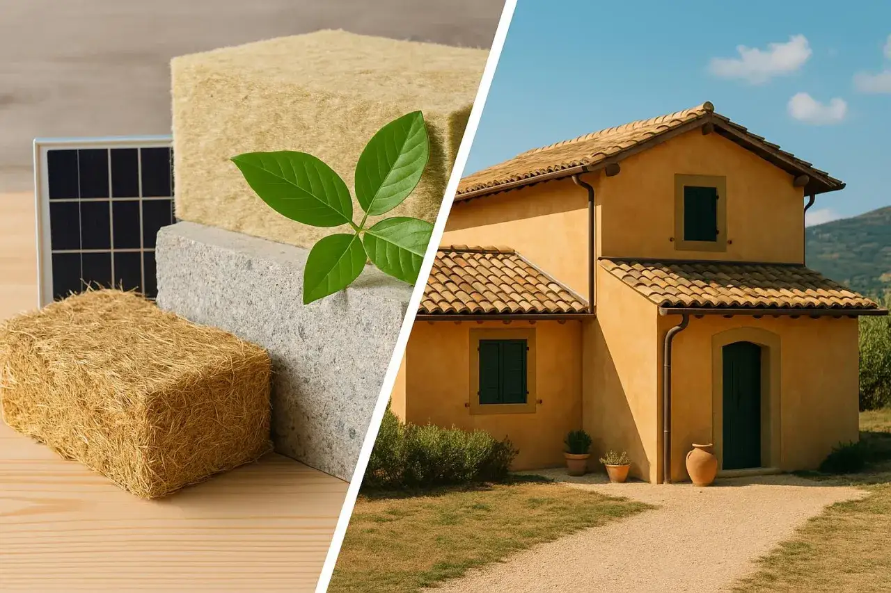Materiali isolanti naturali per un futuro sostenibile: paglia, lana di roccia, pannelli solari e una casa accogliente.