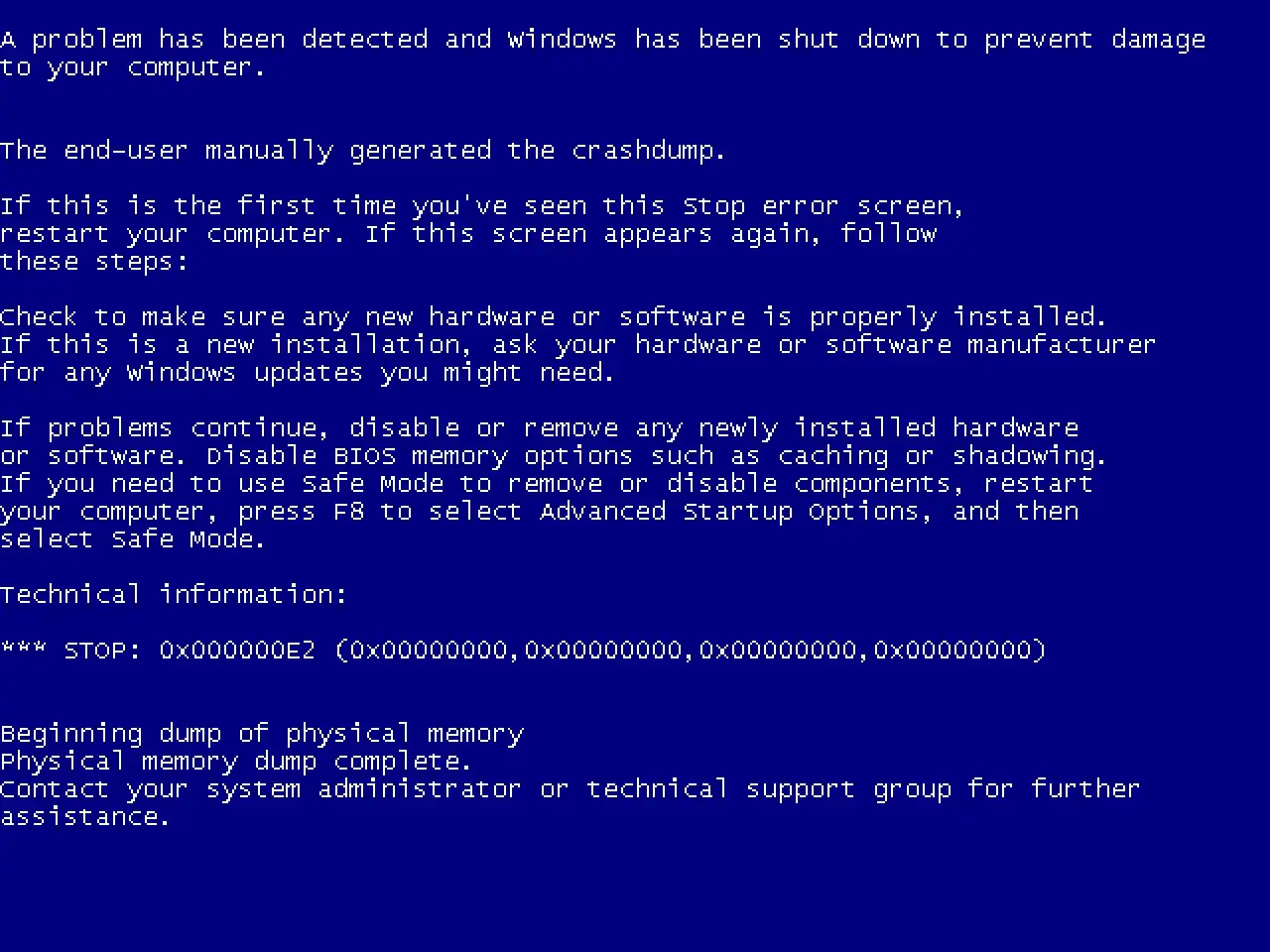 Niebieski ekran błędu Windows, znany jako bluescreen, z informacją o awarii systemu i instrukcjami rozwiązywania problemów.
