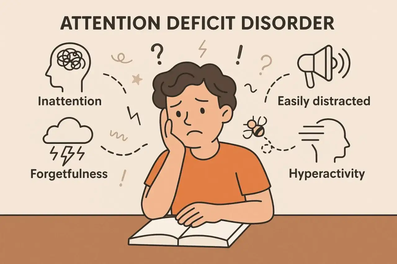 En pojke med ADHD kämpar med koncentration, glömska och sociala svårigheter. Han sitter vid ett öppet block, omgiven av symboler för distraktioner.