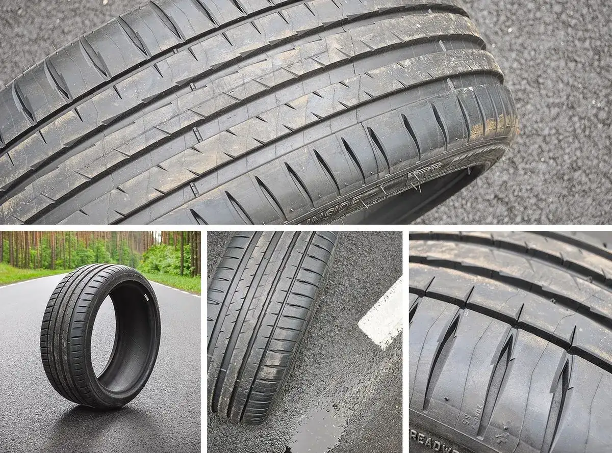 Szczegółowy test opon letnich 225/45 r17 na mokrej nawierzchni. Widok bieżnika i opony na drodze.