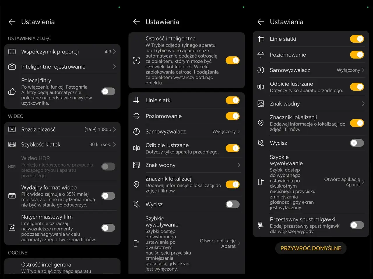 Ustawienia aparatu w telefonie Samsung: znajdź opcje proporcji, inteligentnego rejestrowania, filtrów, rozdzielczości, szybkości klatek, HDR, formatu wideo, natychmiastowego filmu, ostrości, linii siatki, poziomowania, samowyzwalacza, odbicia lustrzane...