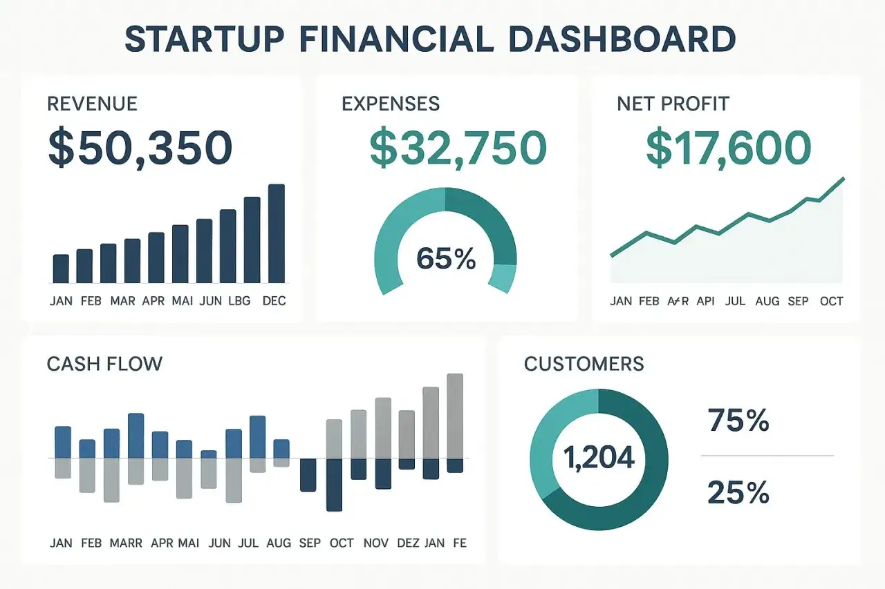 Startup financial dashboard showing revenue, expenses, net profit, cash flow, and customer data, essential for startup treasury management.