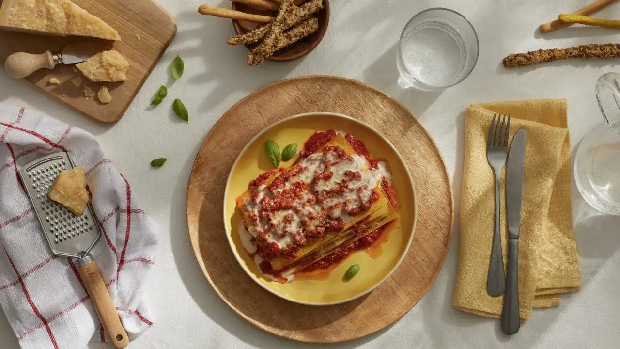 Ein köstliches Lasagne-Rezept mit viel Käse und Tomatensauce, bereit zum Genießen. Dazu gibt es Grissini und frisches Basilikum.