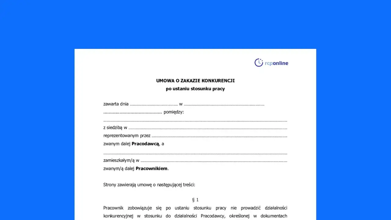 Umowa o zakazie konkurencji po ustaniu stosunku pracy. Dokument reguluje zobowiązania pracownika wobec pracodawcy po zakończeniu zatrudnienia.