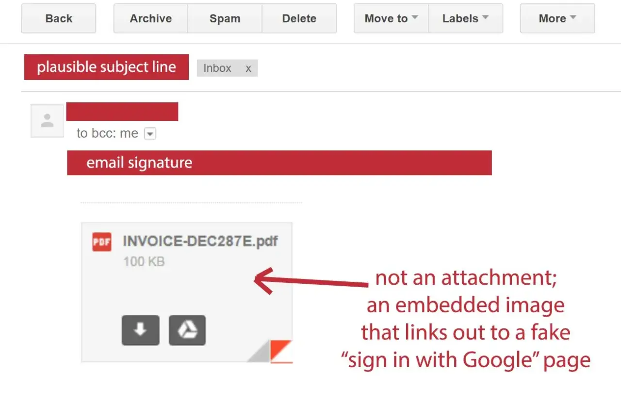 Ostrzeżenie przed phishingiem: fałszywy PDF INVOICE-DEC287E.pdf to osadzony obrazek, który prowadzi do strony logowania Google.