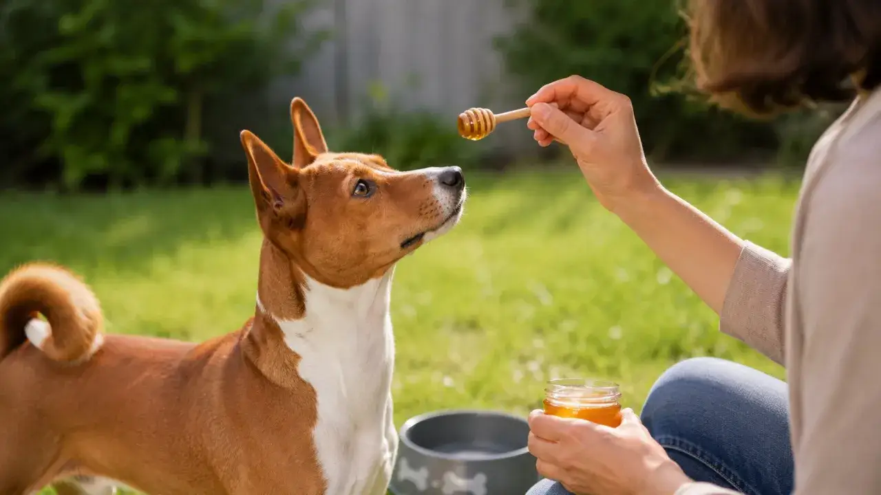 Basenji z zaciekawieniem patrzy na łyżeczkę z miodem, zastanawiając się, czy pies może jeść miód.
