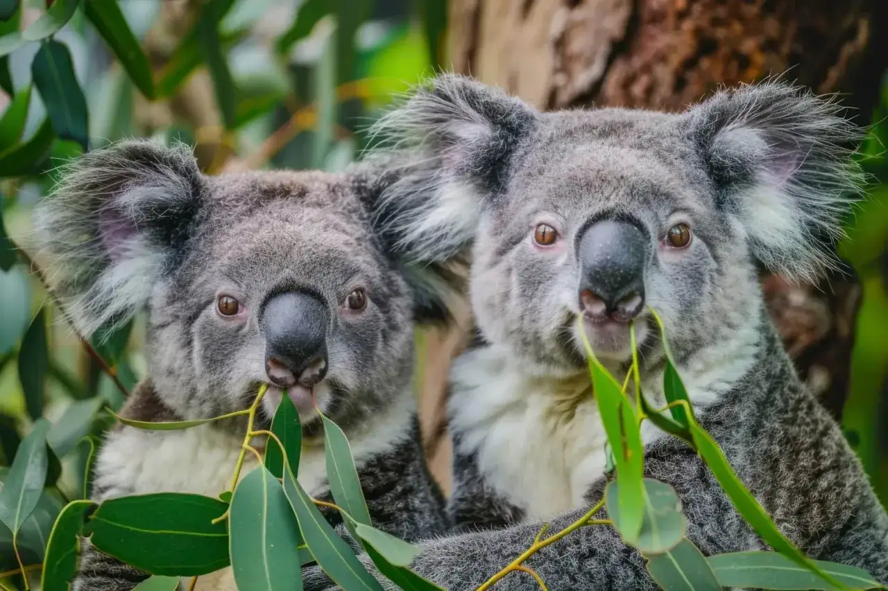 Dwa koale jedzące liście eukaliptusa. Te urocze zwierzęta w Australii są symbolem tego kontynentu.