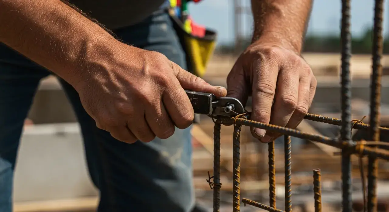 Budowlaniec pokazuje, jak wiązać zbrojenie drutem wiązałkowym, używając specjalnych szczypiec do precyzyjnego mocowania prętów.