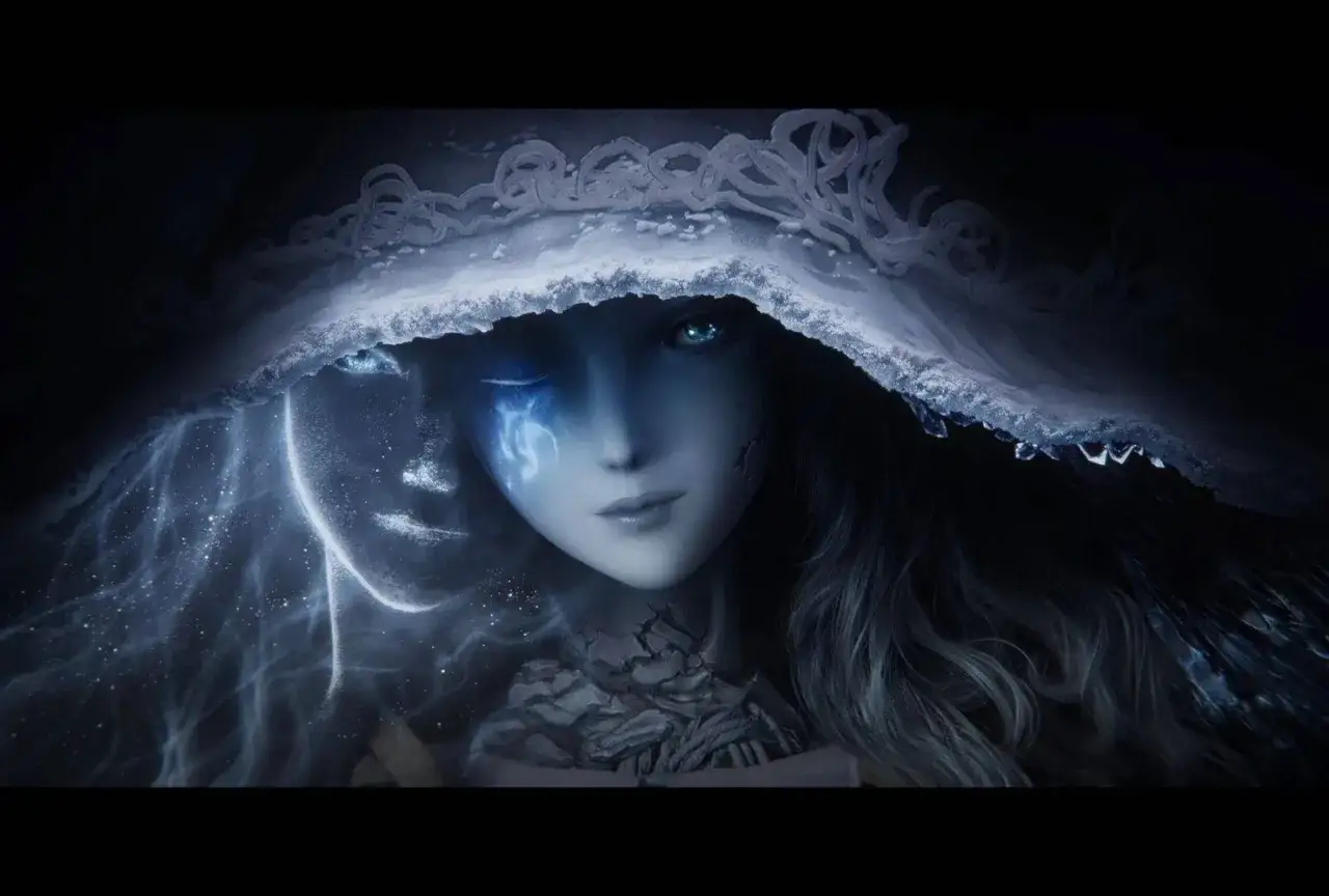 Ranni, la bruja de Elden Ring, con un velo helado y un ojo azul brillante con runas mágicas.