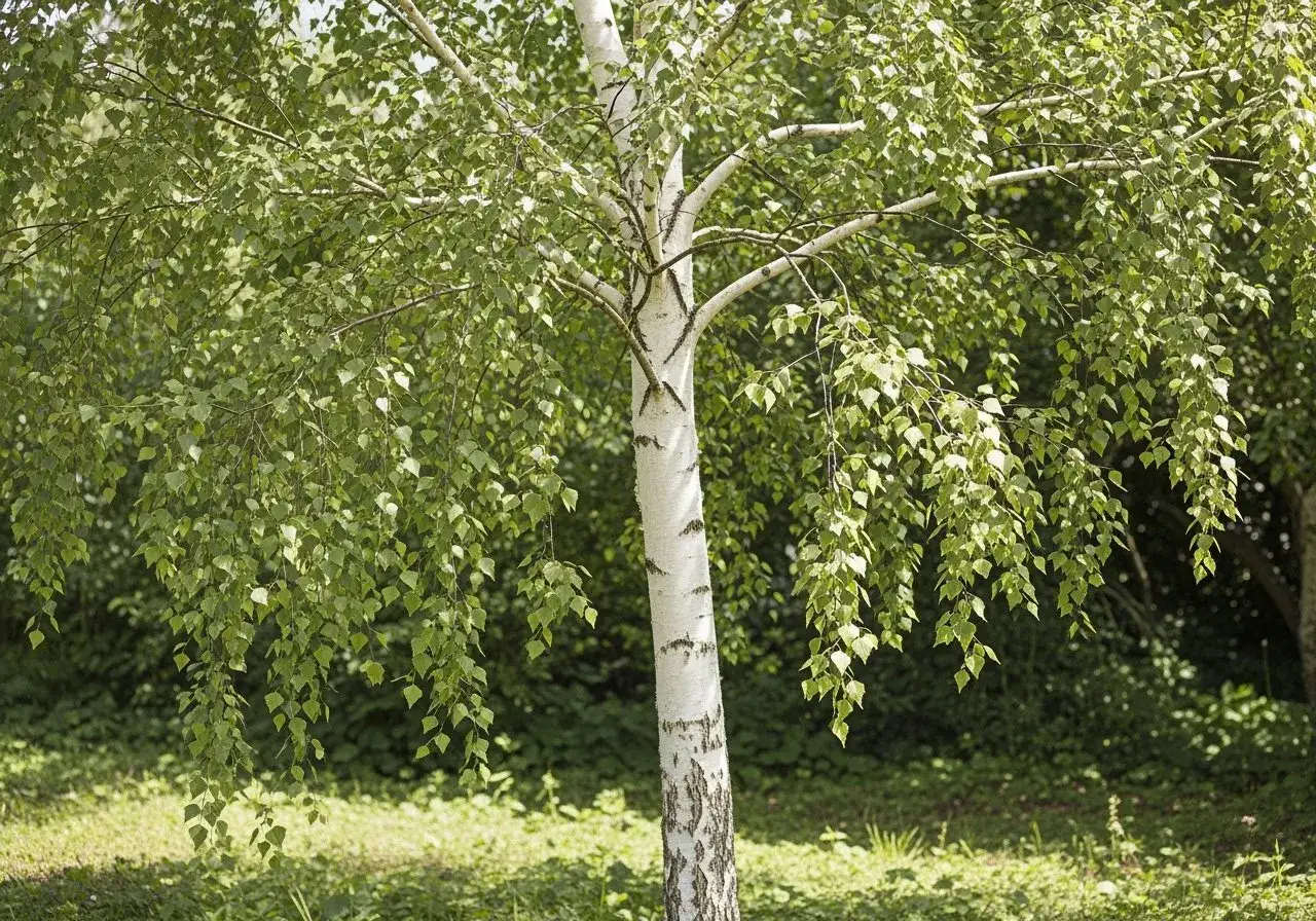 En vit bj&ouml;rkstam med h&auml;ngande gr&ouml;na blad. Tr&auml;det st&aring;r i en lummig bj&ouml;rkh&auml;ck, med solljus som silar ner.
