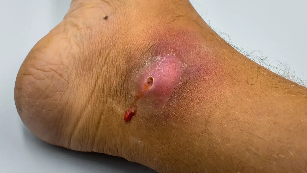 Pie con herida infectada con pus. Muestra enrojecimiento e inflamación alrededor de la lesión, con secreción purulenta.