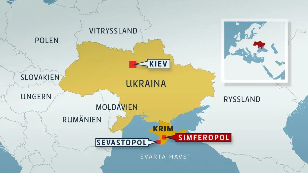 Karta &ouml;ver Ukraina med Krim, Kiev, Sevastopol och Simferopol markerade. En inzoomad karta &ouml;ver Europa visar Ukrainas position. Krimkriget 1853.